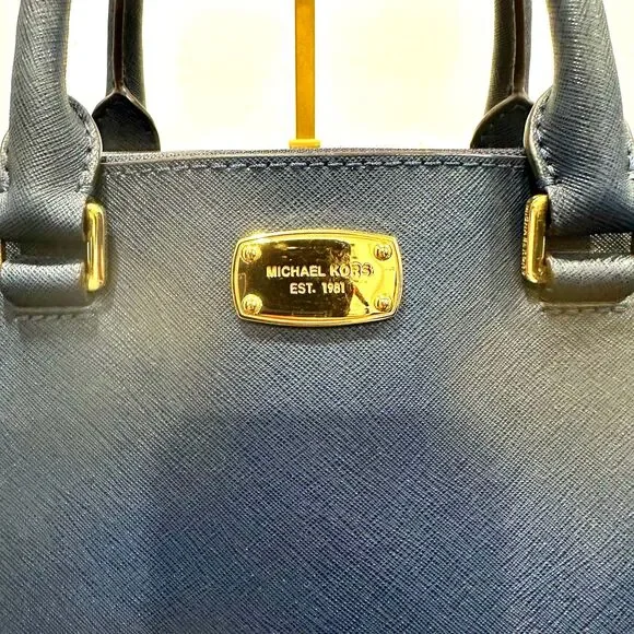 Michael Kors Kellen Medium Satchel Navy Blue Saffiano Leather Gold Hardware - Picture 3 of 15